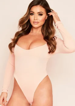 Aaliyah Peach Bust Cup Bandage Rib Bodysuit^Missy Empire Online