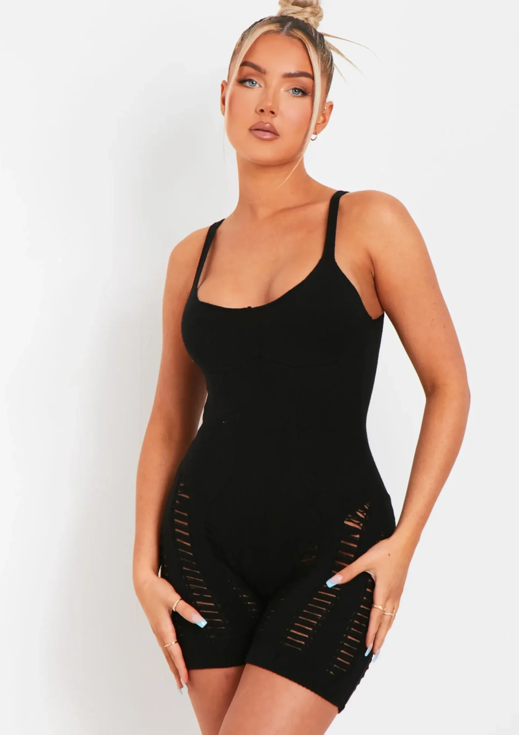 Store Adalynn Black Laddered Knitted Playsuit Women Loungewear