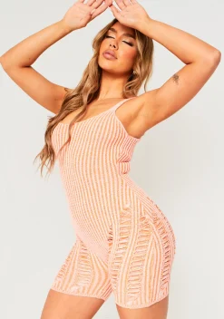 Outlet Adalynn Pink And Orange Laddered Two Tone Knitted Playsuit Women Jumpsuits & Playsuits