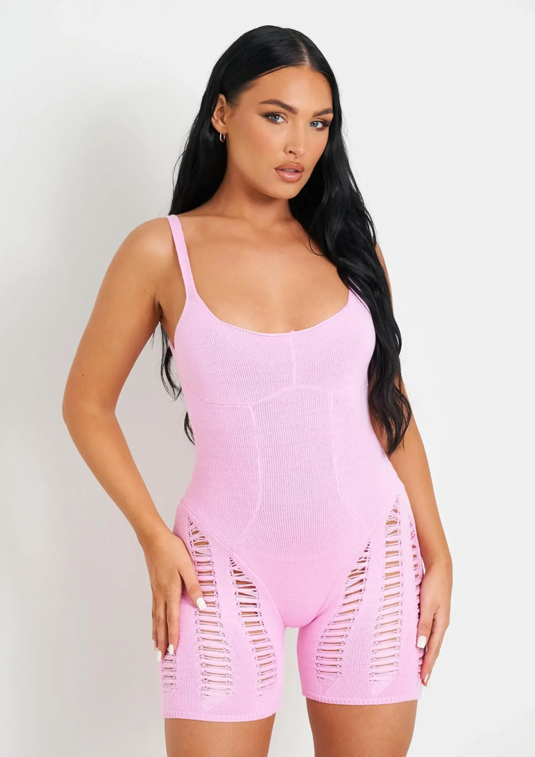 Cheap Adalynn Pink Laddered Knitted Playsuit Women Loungewear