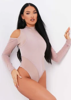Alaia Sand Mesh Overlay Cut Out Bodysuit^Missy Empire Online