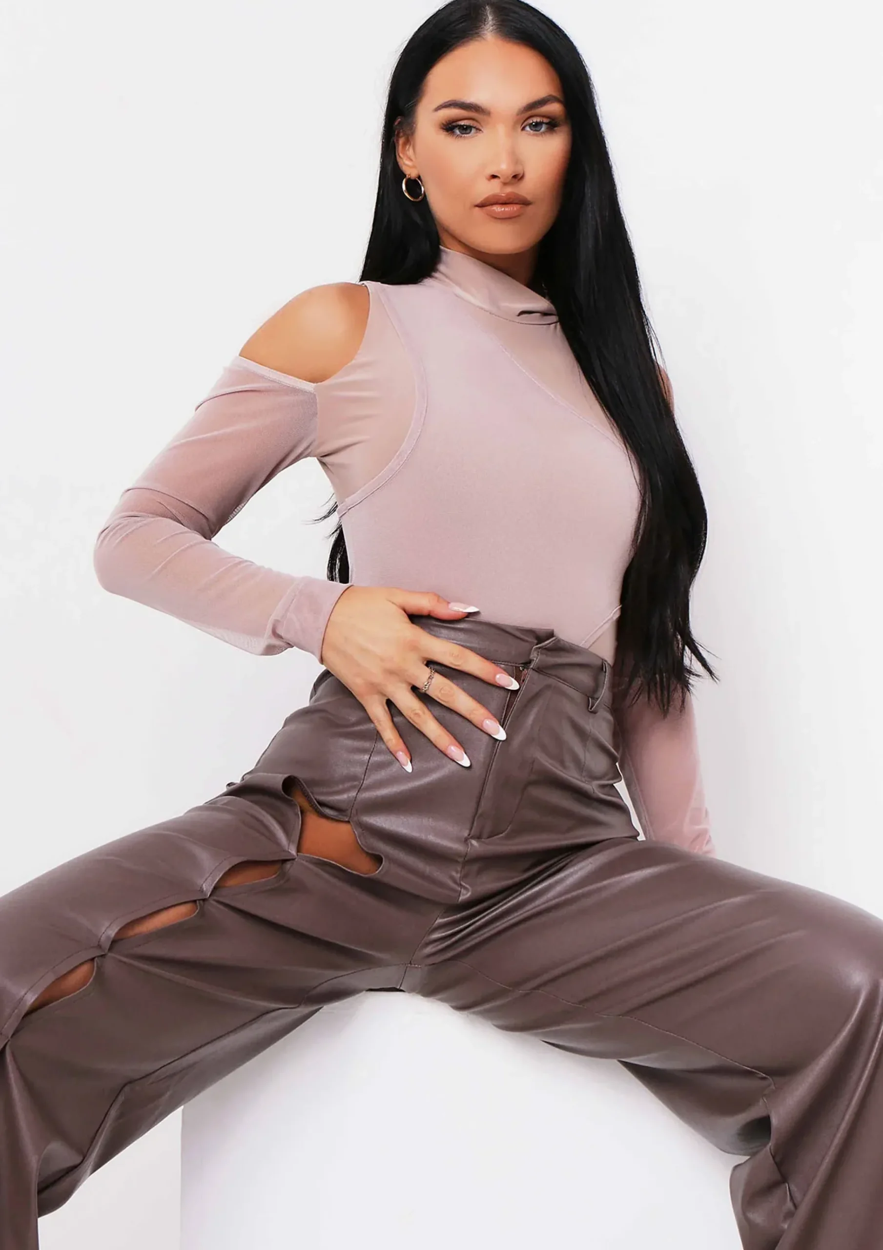 Alaia Sand Mesh Overlay Cut Out Bodysuit^Missy Empire Online