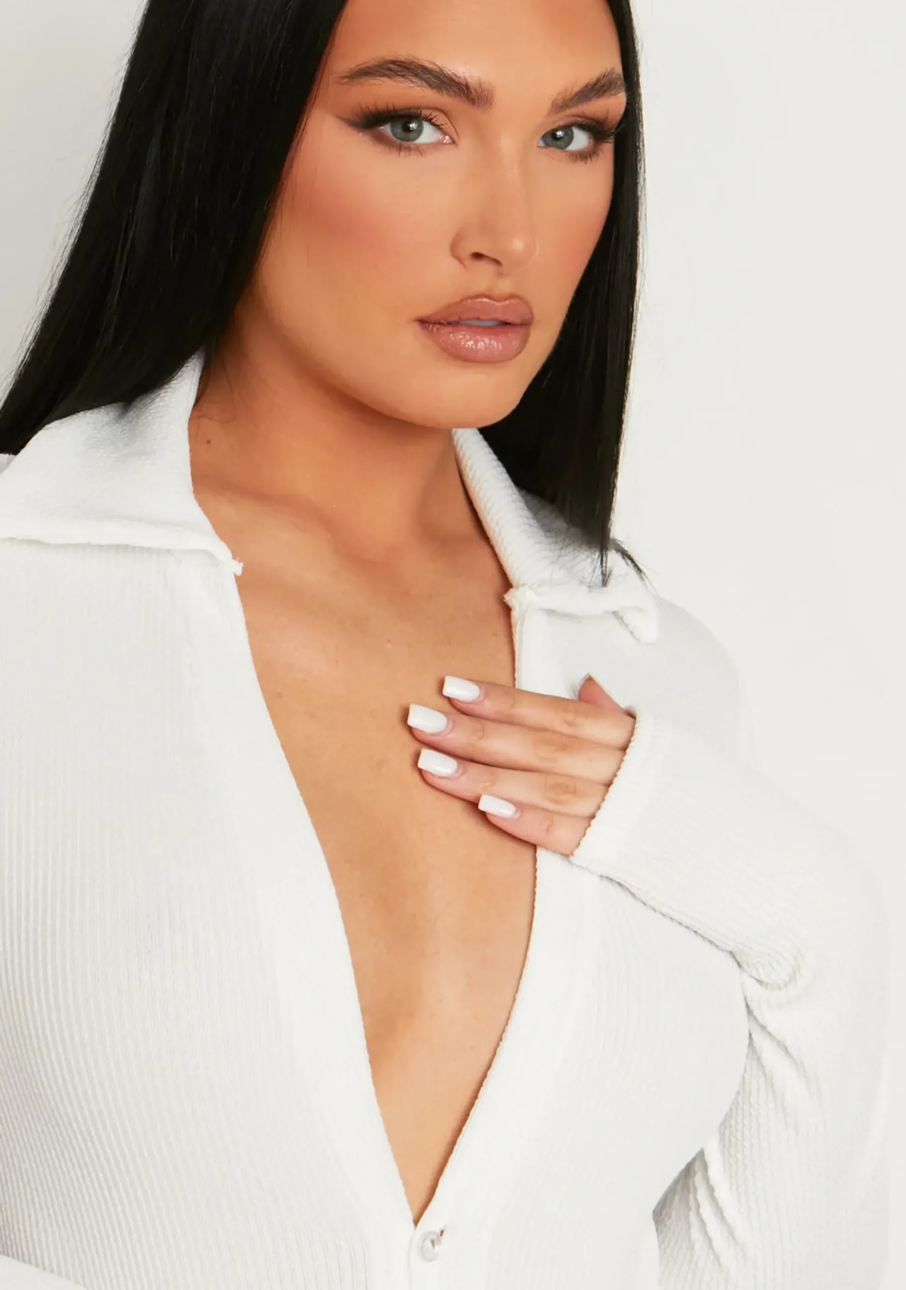 Alaina Cream Knitted Plunge Button Detail Bodysuit^Missy Empire Best