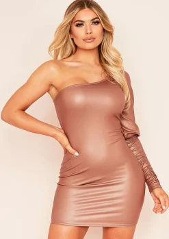 Discount Aleena Brown One Shoulder Pu Mini Dress Women Dresses