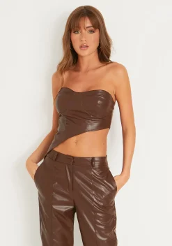 Shop Alessia Brown Faux Leather Seam Detail Straight Leg Trousers Women Trousers