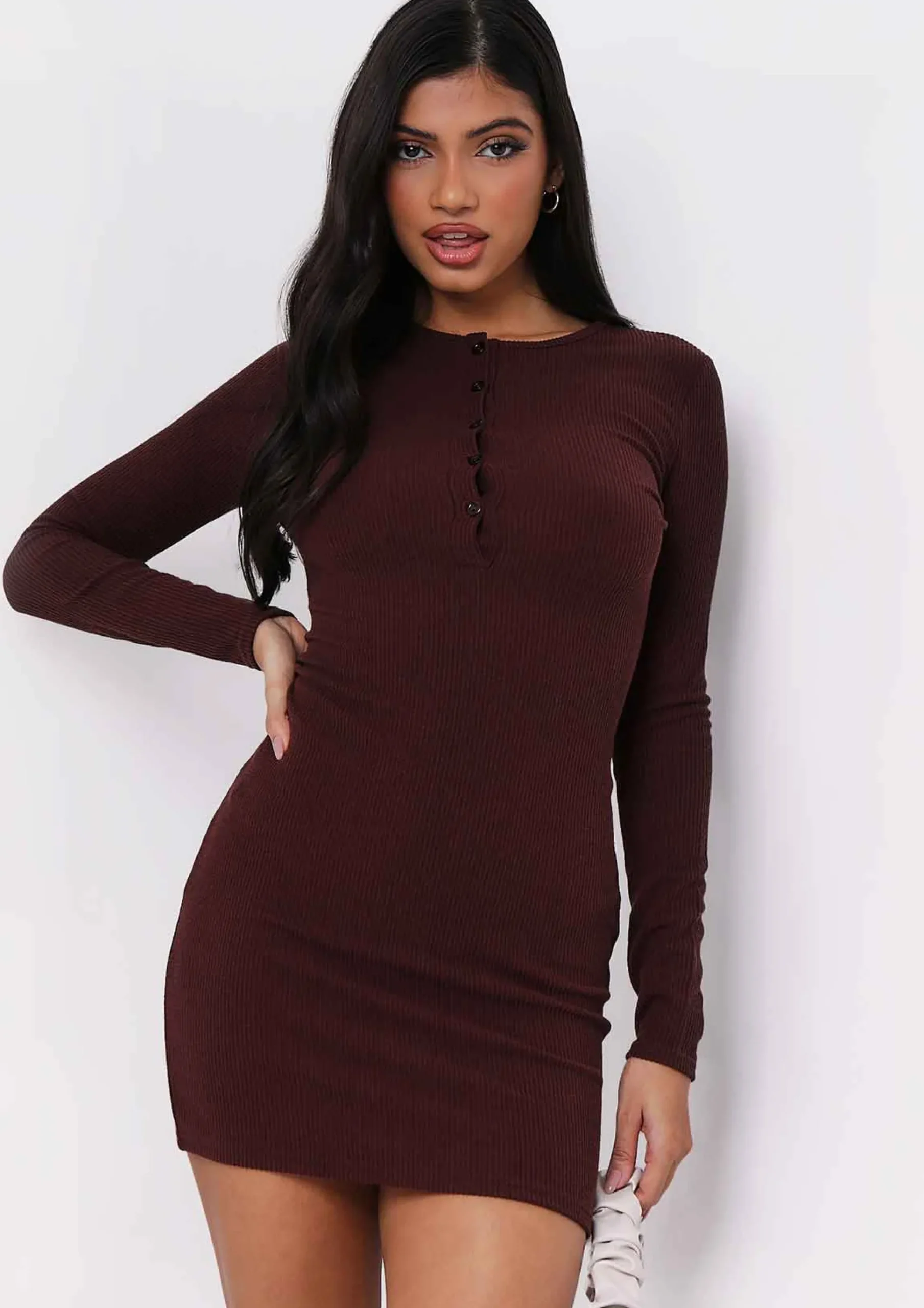 Fashion Alia Chocolate Button Up Ribbed Mini Dress Women Dresses
