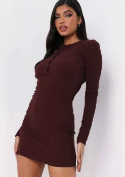 Fashion Alia Chocolate Button Up Ribbed Mini Dress Women Dresses