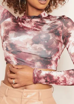 Alice Wine Smoke Print High Neck Long Sleeve Slinky Crop Top^Missy Empire Cheap