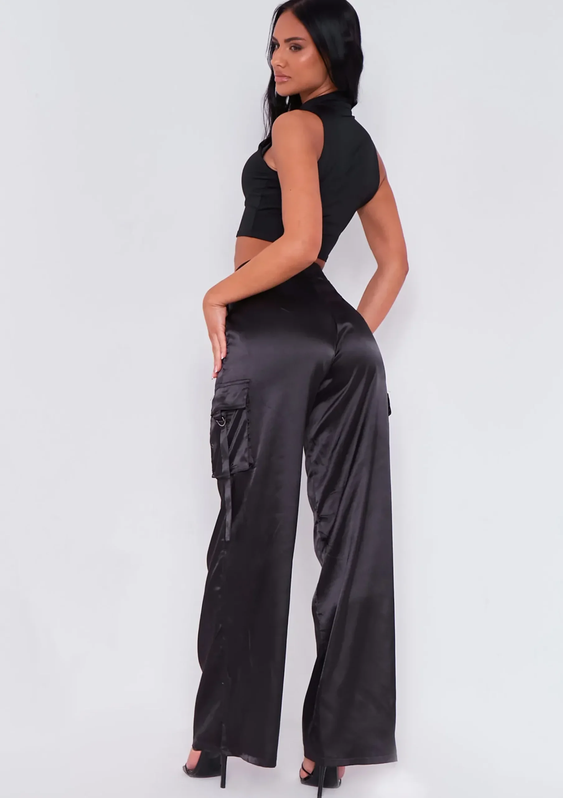 Outlet Alicia Black Satin Cargo Trouser Women Trousers