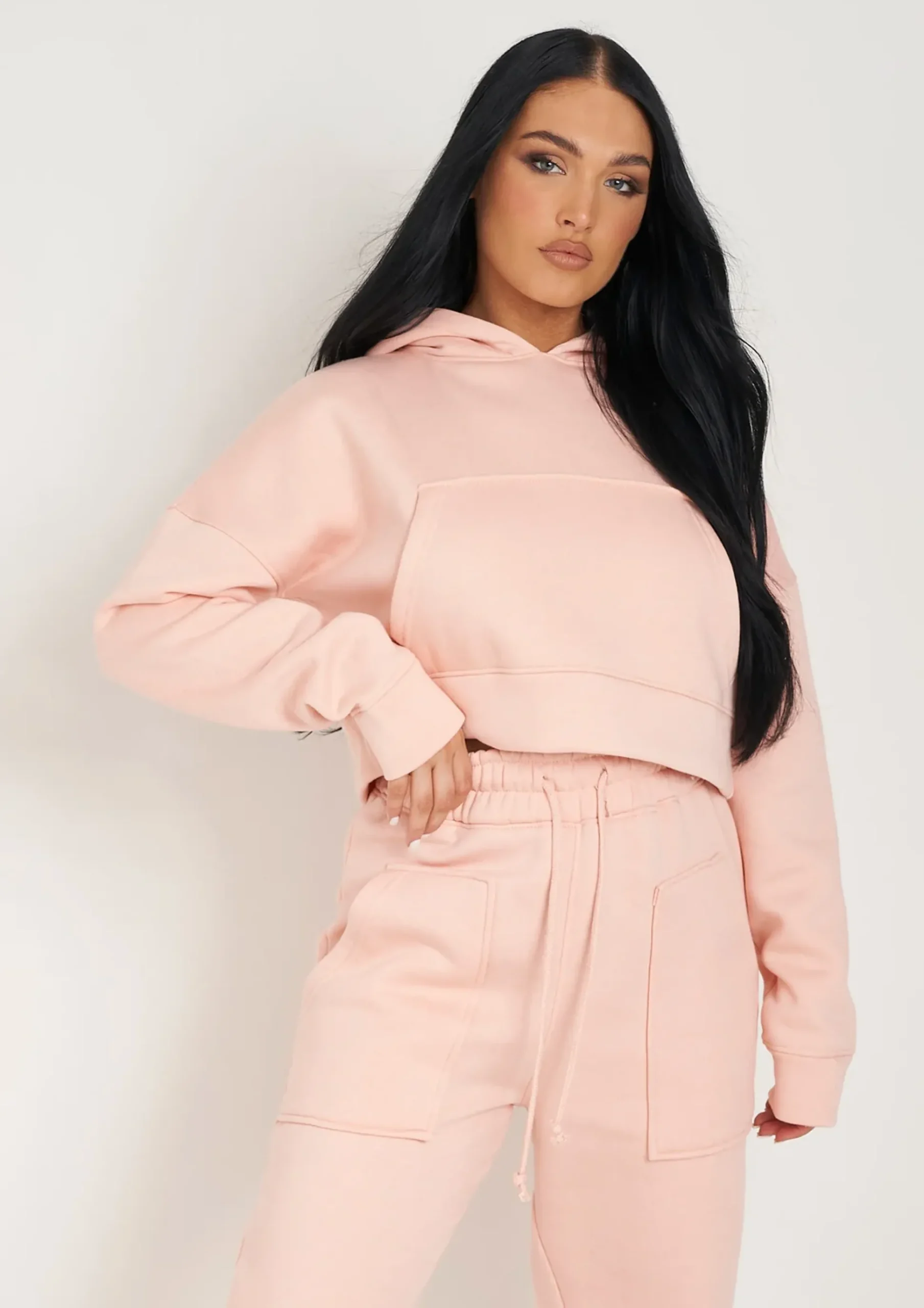 Cheap Alina Peach Pocket Front Cropped Hoodie Women Tracksuits