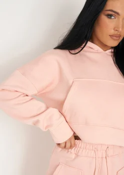 Cheap Alina Peach Pocket Front Cropped Hoodie Women Tracksuits