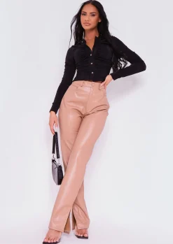 Alishia Black Long Sleeve Button Up Ruched Acetate Slinky Top^Missy Empire Clearance