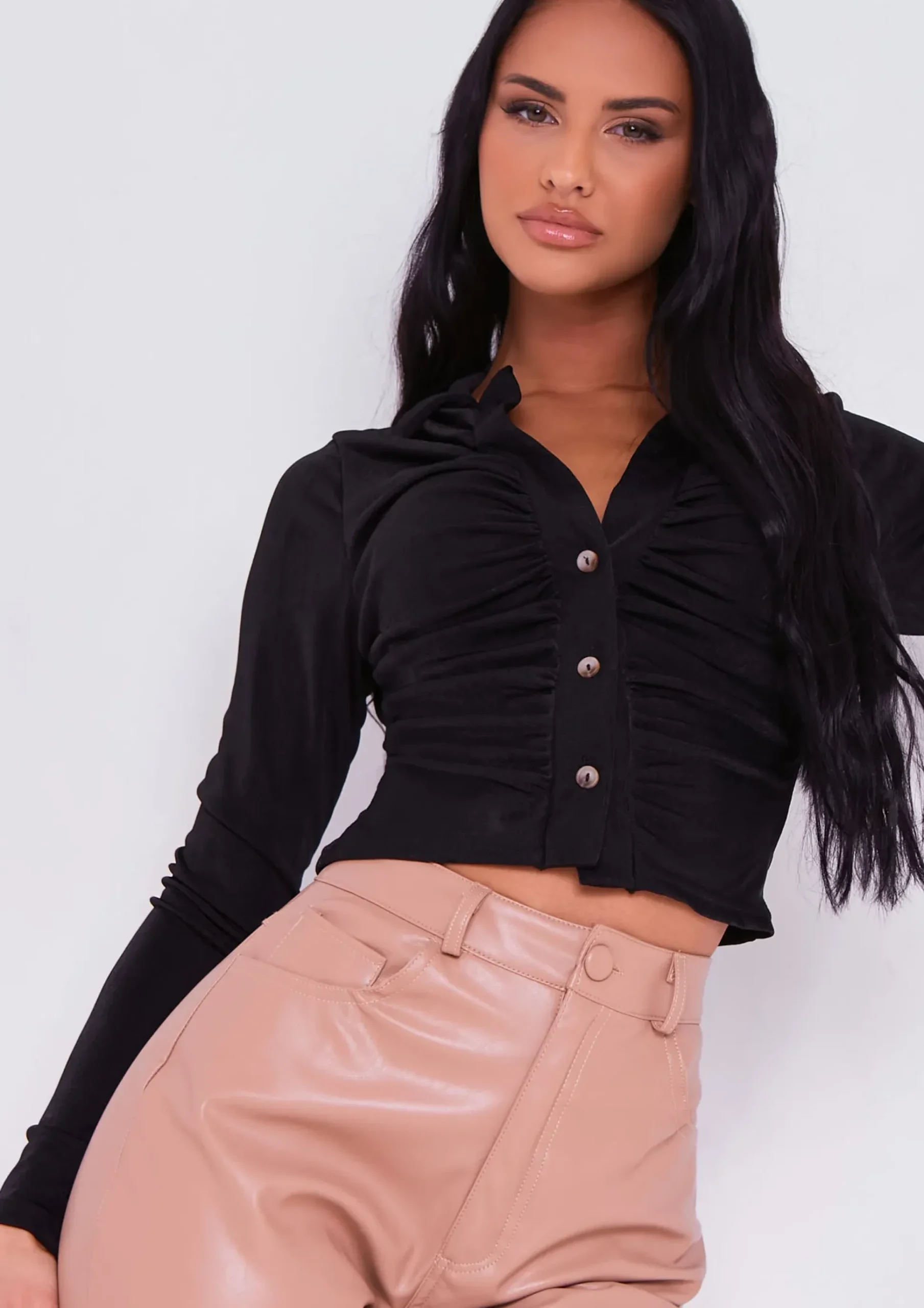 Alishia Black Long Sleeve Button Up Ruched Acetate Slinky Top^Missy Empire Clearance