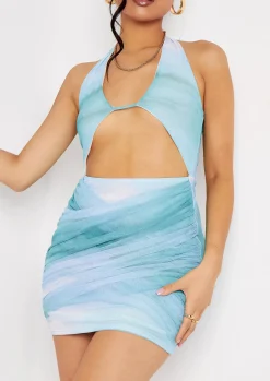 Sale Alison Blue Printed Halterneck Plunge Mini Dress Women Dresses