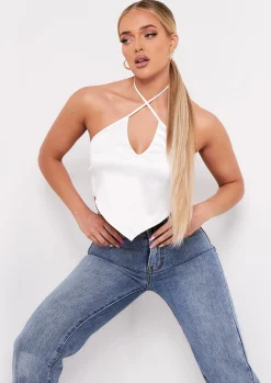 Aliyah Ivory Cross Strap Satin Tie Pointed Hem Top^Missy Empire Discount