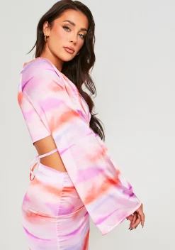 Amani Lilac Abstract Print Tie Front Satin Crop Top^Missy Empire Store