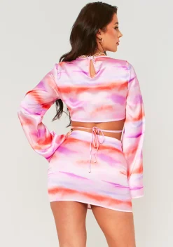 Amani Lilac Abstract Print Tie Front Satin Crop Top^Missy Empire Store