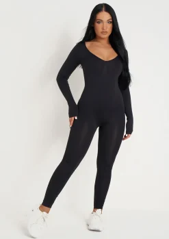 Best Sale Amelia Black Seamless Long Sleeve Plunge Jumpsuit Women Seamless & Shapewear