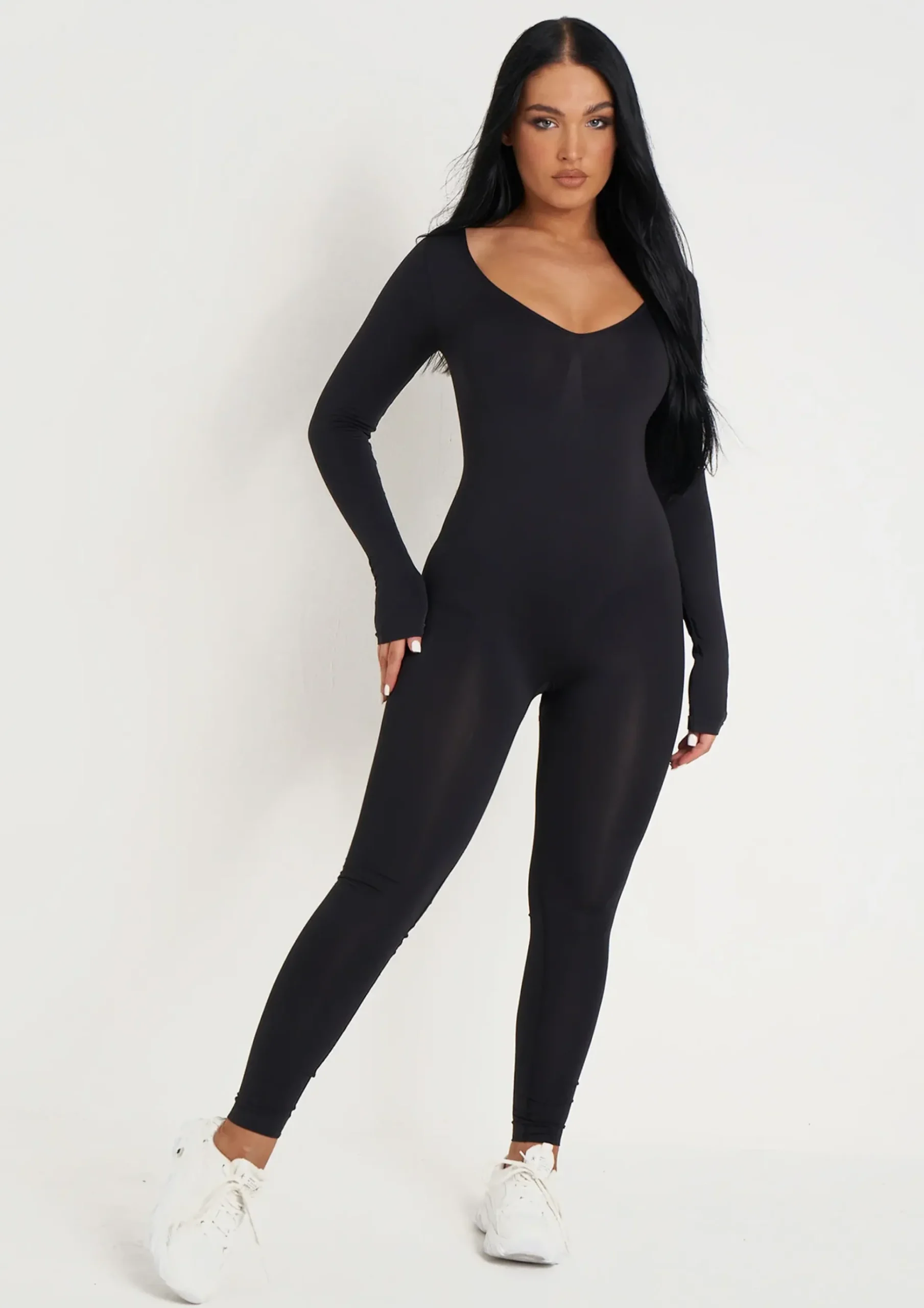 Best Sale Amelia Black Seamless Long Sleeve Plunge Jumpsuit Women Seamless & Shapewear
