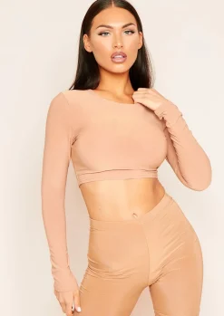Amida Camel Long Sleeve Crew Neck Smooth Crop Top^Missy Empire Cheap