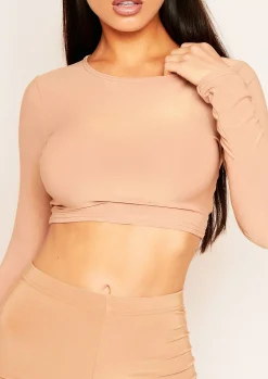 Amida Camel Long Sleeve Crew Neck Smooth Crop Top^Missy Empire Cheap