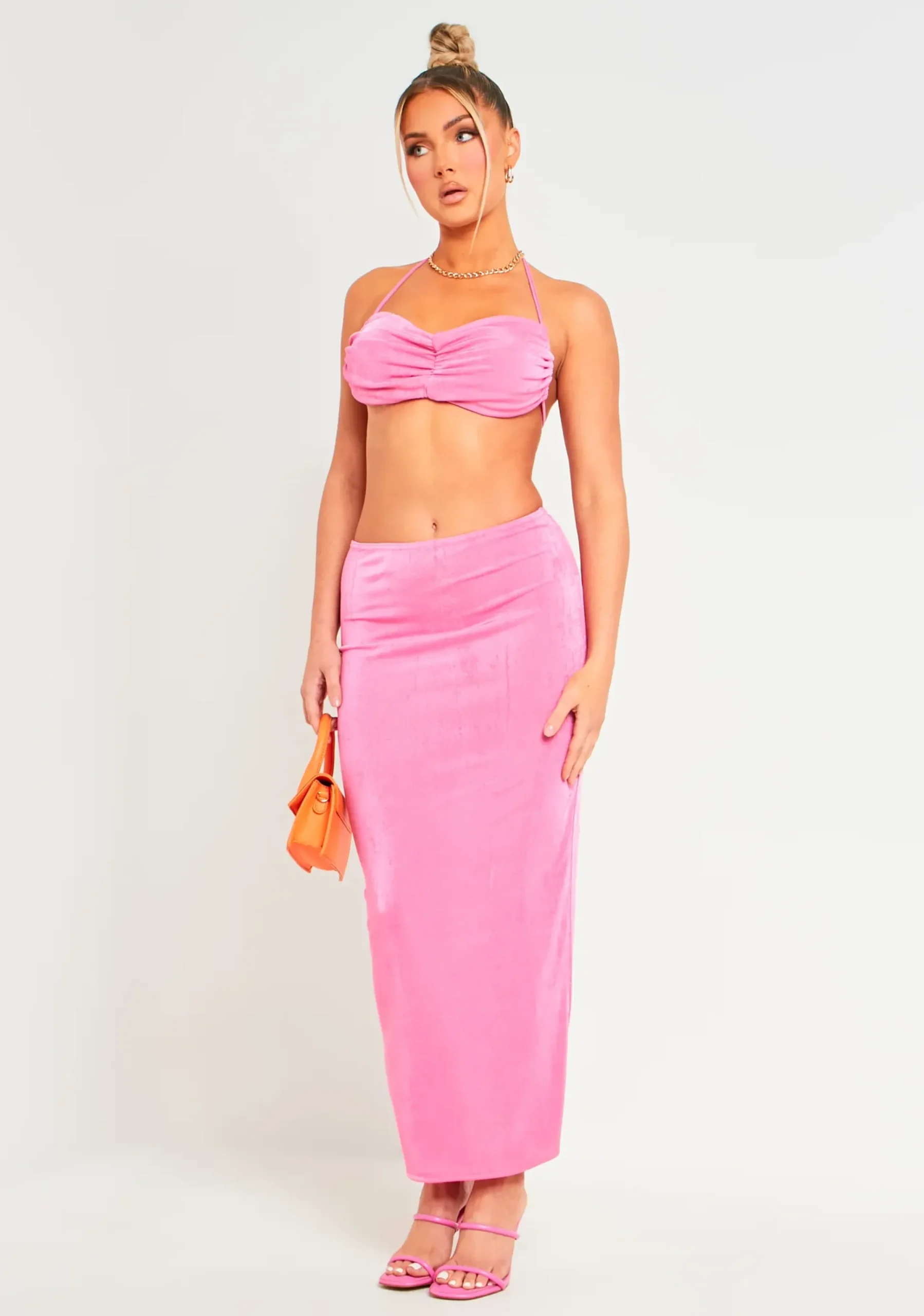 Amora Pink Acetate Slinky Ruched Maxi Skirt^Missy Empire Flash Sale
