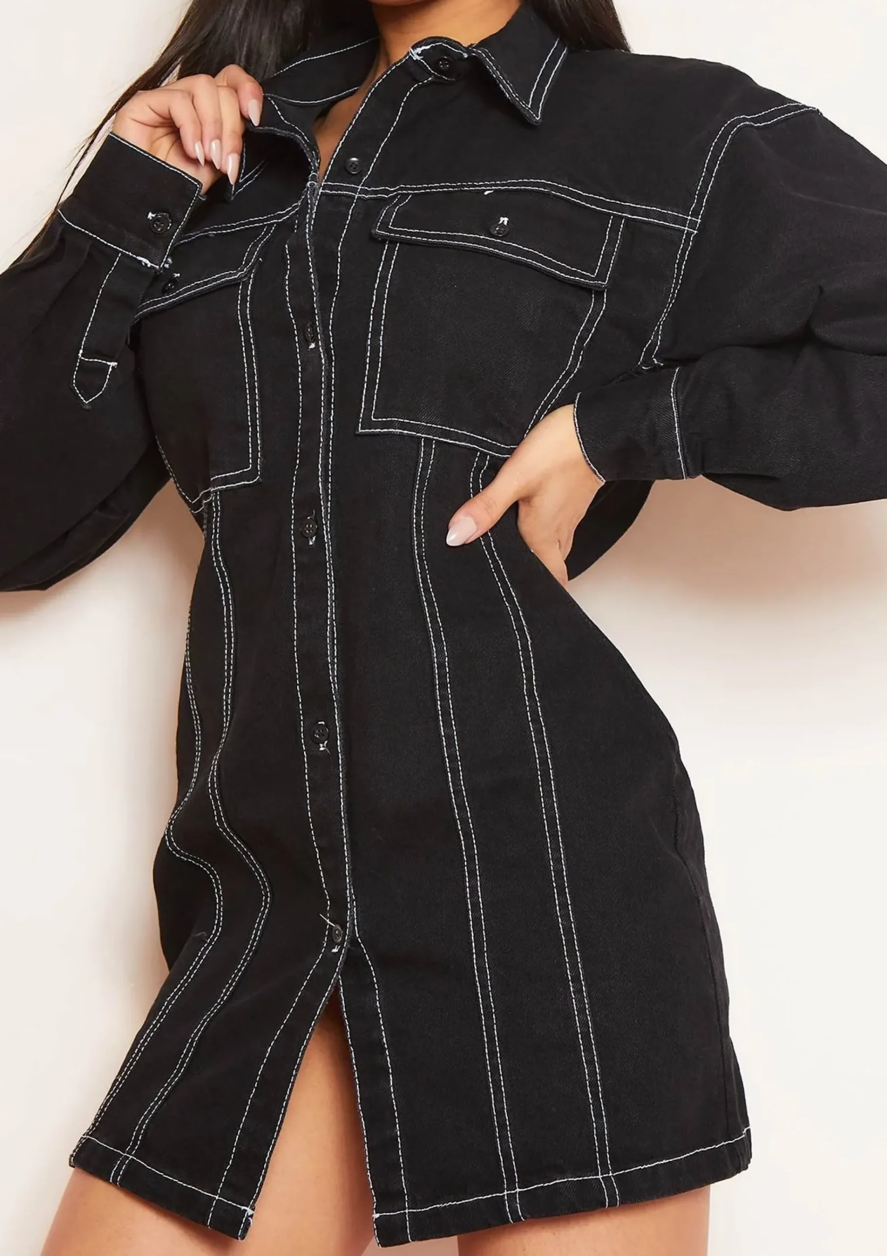 Best Sale Amy Black Denim Contrast Stitch Mini Dress Women Dresses