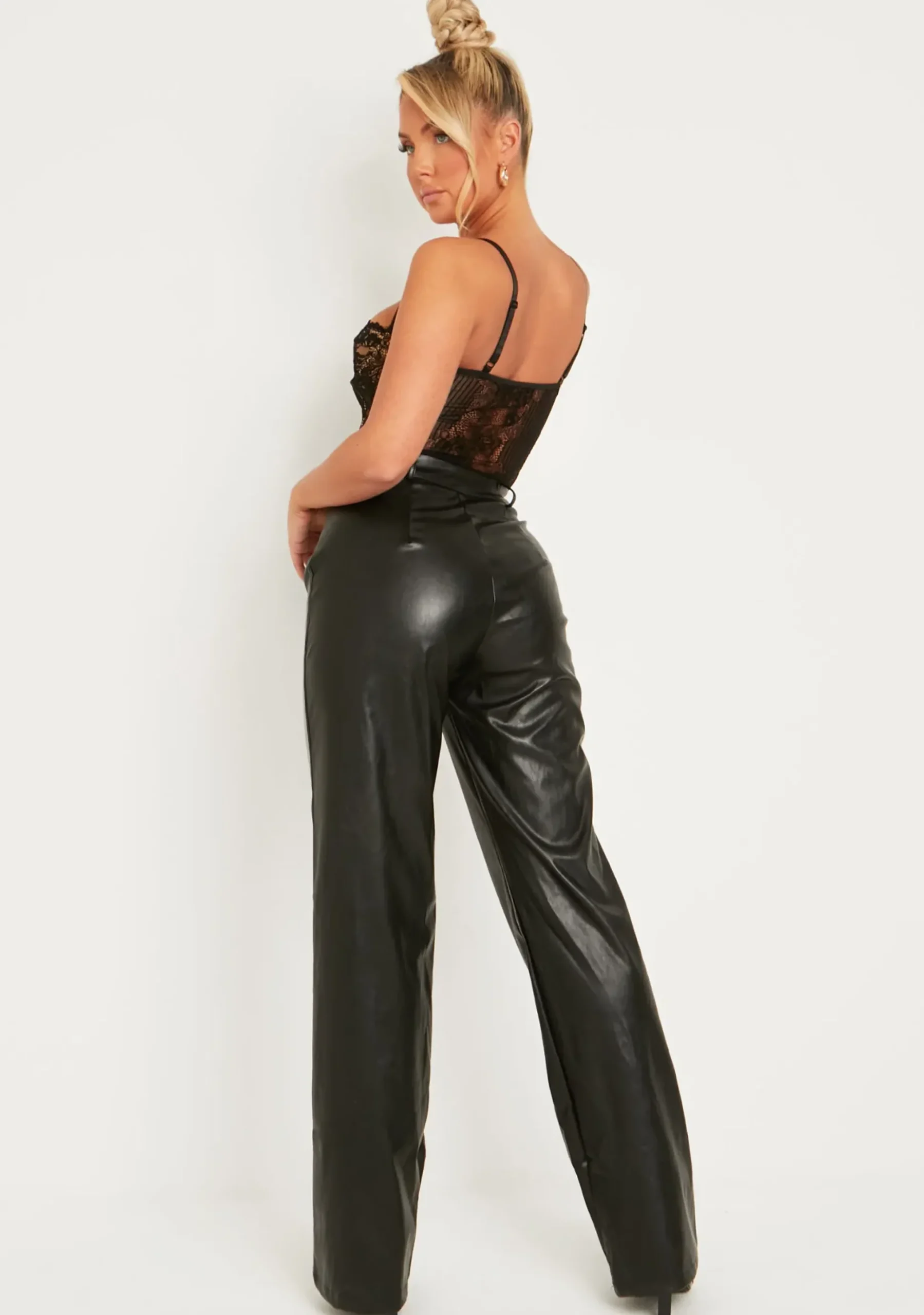 Cheap Aneeyah Black Pu Straight Leg Trousers Women Trousers