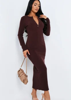 Hot Anfisa Chocolate Ribbed Plunge Midi Dress Women Dresses