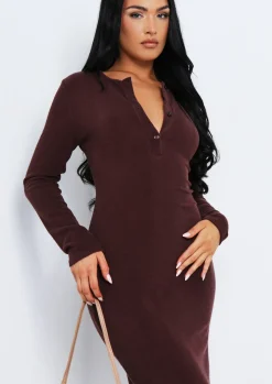 Hot Anfisa Chocolate Ribbed Plunge Midi Dress Women Dresses