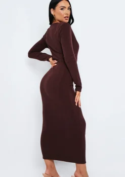 Hot Anfisa Chocolate Ribbed Plunge Midi Dress Women Dresses