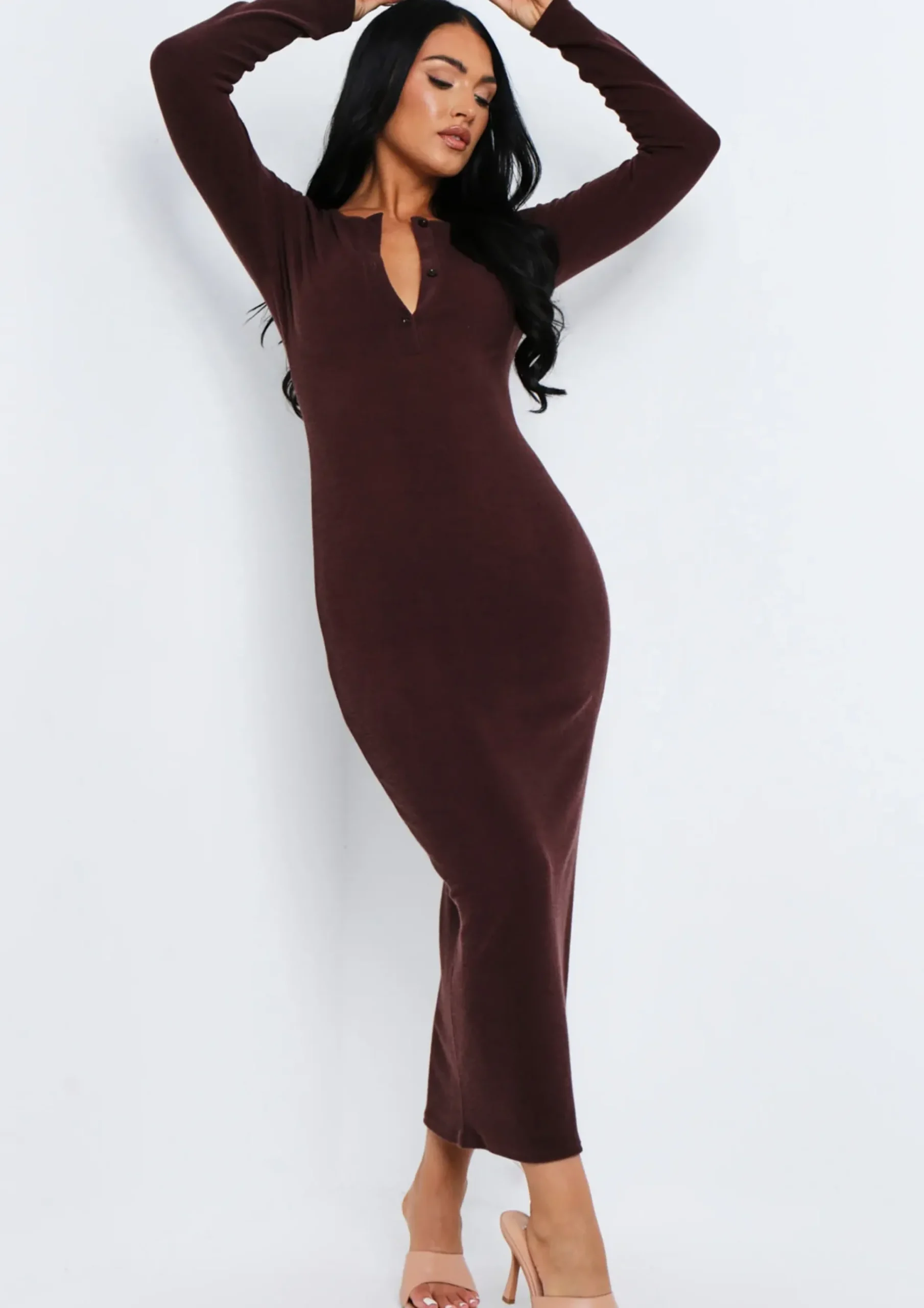 Hot Anfisa Chocolate Ribbed Plunge Midi Dress Women Dresses
