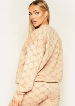 Anisha Beige Repeat Slogan Print Oversized Sweatshirt^Missy Empire Outlet