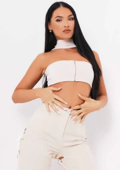Anita Sand Ribbed Knit Zip Bandeau Crop Top^Missy Empire Cheap
