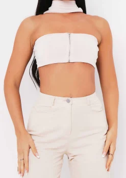 Anita Sand Ribbed Knit Zip Bandeau Crop Top^Missy Empire Cheap