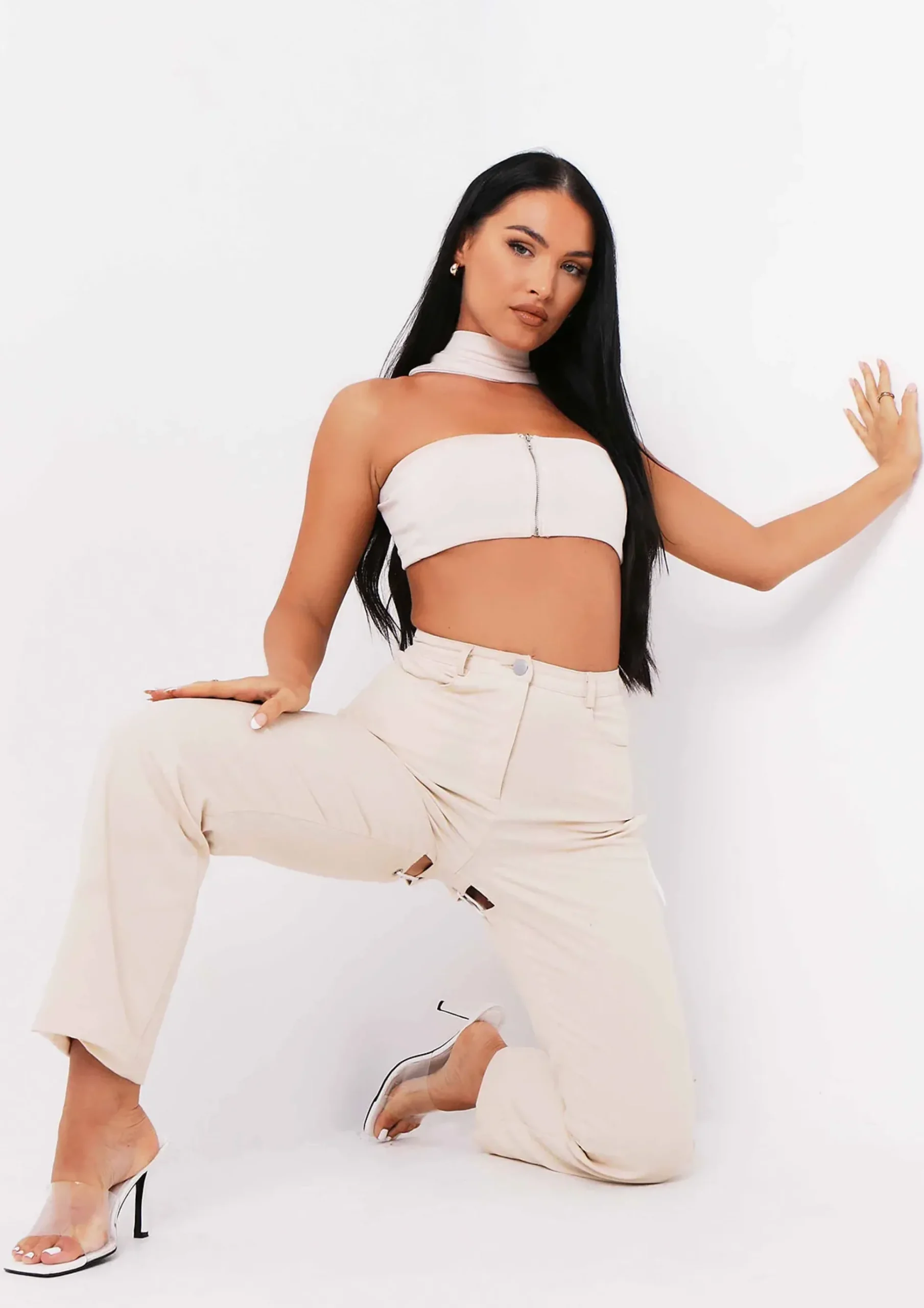 Anita Sand Ribbed Knit Zip Bandeau Crop Top^Missy Empire Cheap