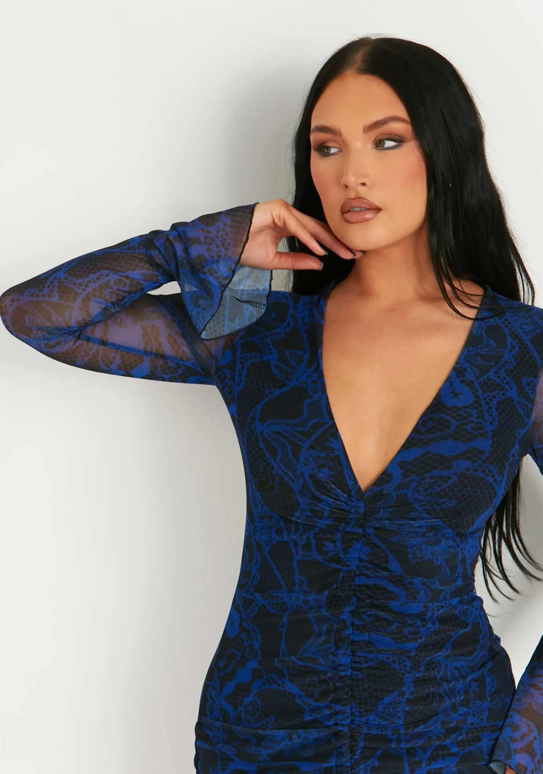 Discount Aniyah Blue Mesh Long Flared Sleeve Front Ruched Mini Dress Women Dresses