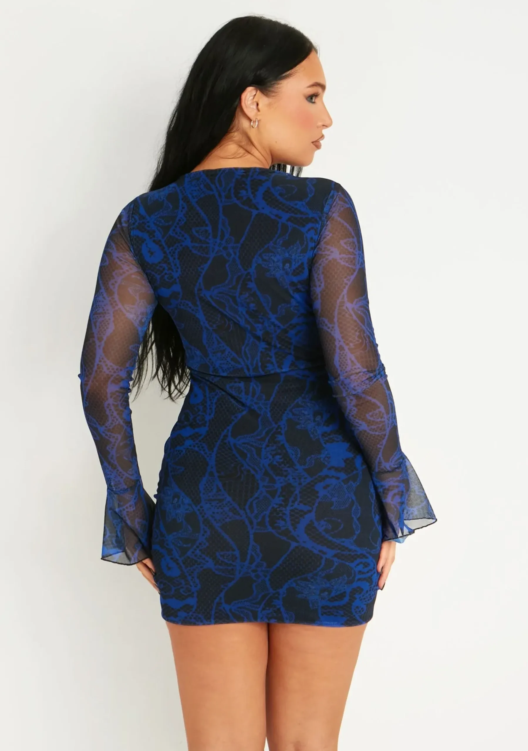 Discount Aniyah Blue Mesh Long Flared Sleeve Front Ruched Mini Dress Women Dresses