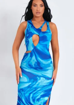 Sale Aniyah Blue Swirl Print Midaxi Cut Out Dress Women Dresses