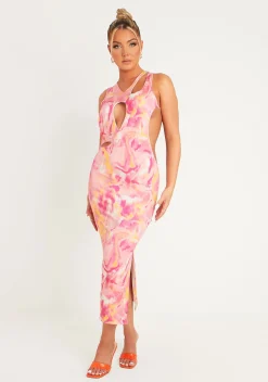 Outlet Aniyah Pink Abstract Print Midaxi Cut Out Dress Women Dresses
