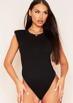 Anna Black Shoulder Padded Bodysuit^Missy Empire Cheap