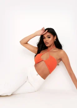 Ann Orange Ribbed Cut Out Halterneck Bandeau Crop Top^Missy Empire Clearance