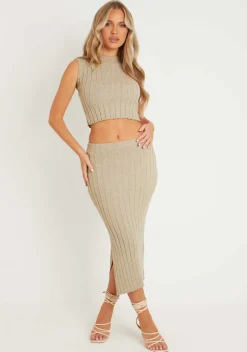 Antonia Stone Knitted Maxi Skirt With Split^Missy Empire Best