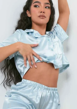Cheap Anya Icy Blue Satin Button Front Crop Top And Shorts Pyjama Set Women Nightwear