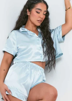 Cheap Anya Icy Blue Satin Button Front Crop Top And Shorts Pyjama Set Women Nightwear