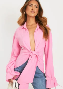 Aphrodite Pink Linen Tie Front Shirt^Missy Empire Sale