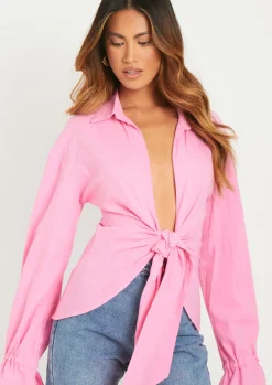 Aphrodite Pink Linen Tie Front Shirt^Missy Empire Sale
