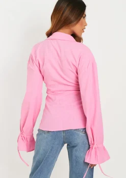 Aphrodite Pink Linen Tie Front Shirt^Missy Empire Sale