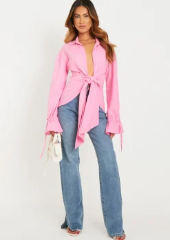 Aphrodite Pink Linen Tie Front Shirt^Missy Empire Sale