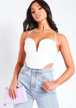 Arden Ivory Halterneck Corset Plunge Top^Missy Empire Best Sale